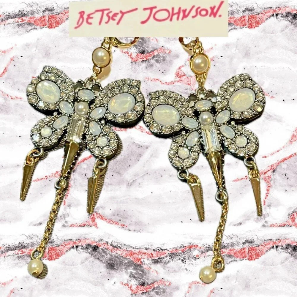 Betsey Johnson Gun-Metal Butterfly Mixed Stone & Pave Spike Charms Drop Earrings